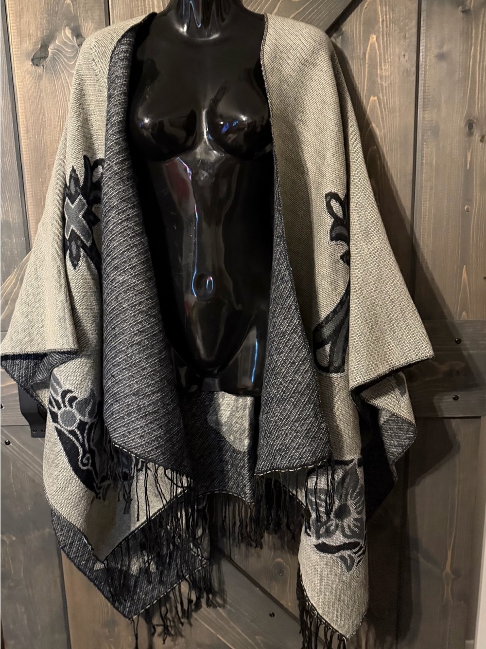 L'Amour Reversible Fringe Cape in Grey and Black